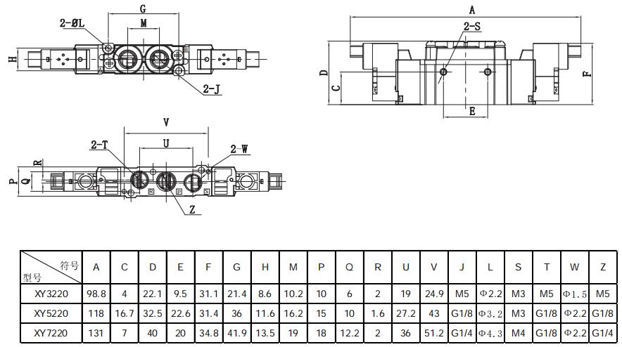 XY5120二位五通低功耗換向閥外形尺寸2